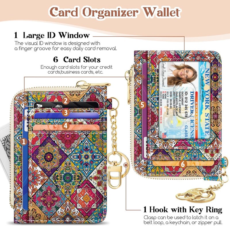 GIANCOMICS Slim Wallet Credit Card Holder Women, Boho Bohemian Mandala Rfid Blocking Small Card Case, Keychain Thin Pocket Curved Zipper Wallet, Travel Card Holder PU Leather, Ladies Female Gifts - Image 4